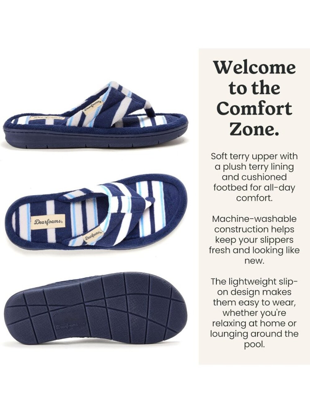 Women's Blue Stripe Melanie Colorblocked Microfiber Terry Thong Slipper Shoes - Picture 4 of 7